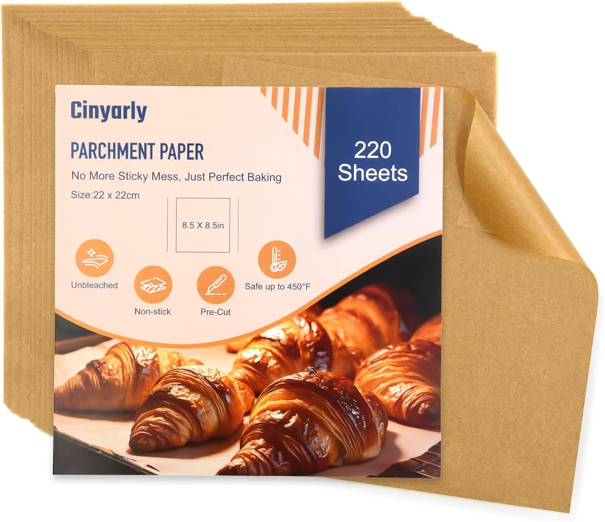 Parchment Paper Sheets, 220 Pcs Air Fryer Liners 8.5x8.5 Inch, Baking Paper Sheets, Non-Stick Precut Unbleached Parchment Paper, Oil and Water Resistant for Cookies, Bread, Cakes, Steaming, Grilling