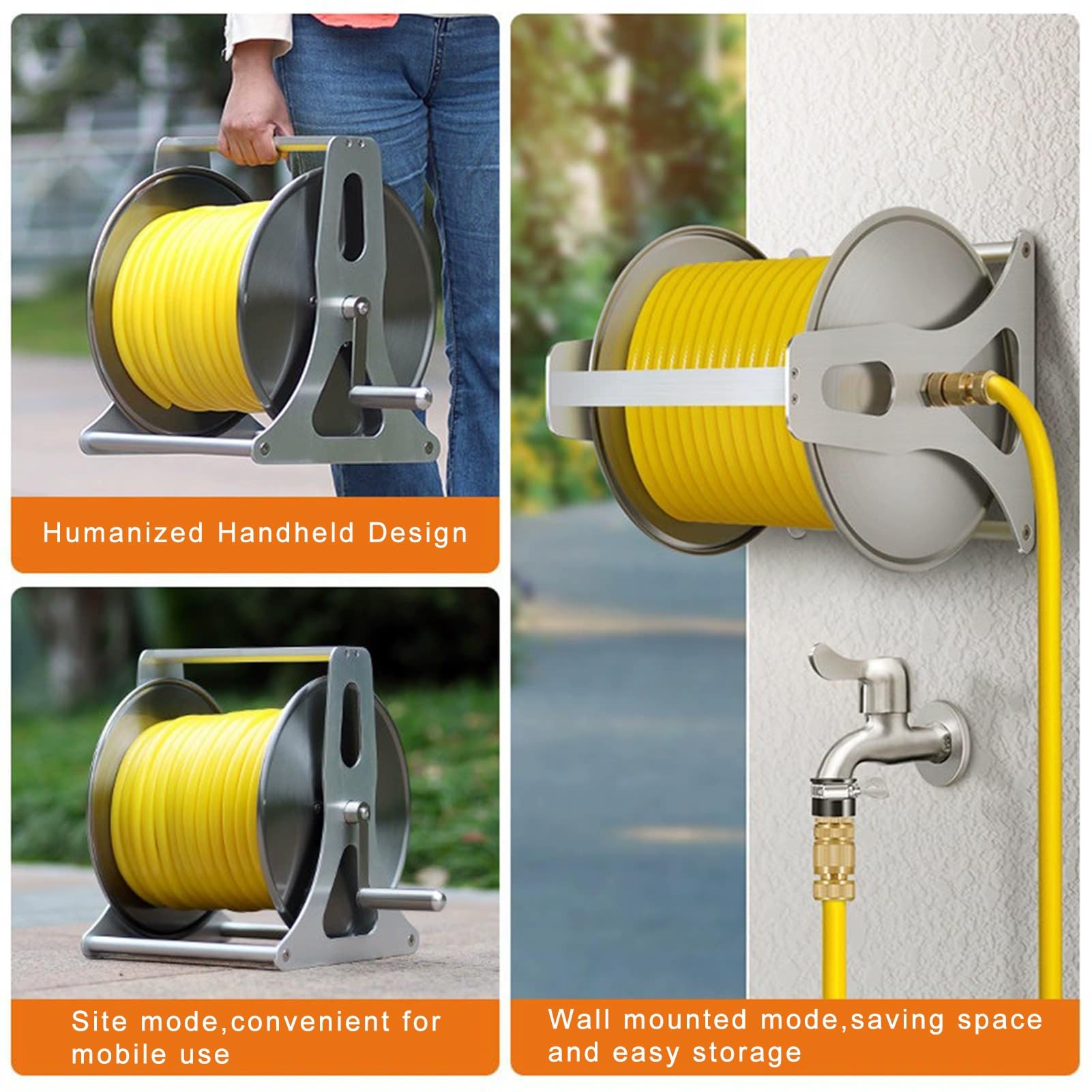 Soporte para carrete de manguera de jardín, unidad de bobina de acero inoxidable resistente montado en la pared para riego y limpieza, duradero y fácil de usar, ideal para jardines al aire libre