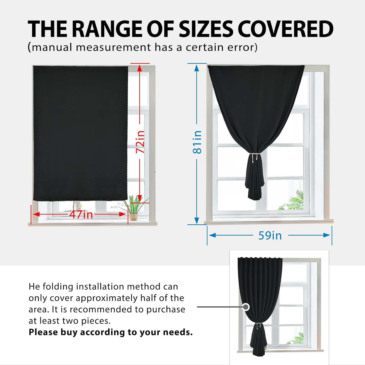 Autohesion Curtains for Windows,Bedroom Blackout Curtains for - Thermal Lnsulated No Drill Curtains Room Darkening Black Small Drapes, JILRON,(1 Panels,47Wx72L inch-Black)
