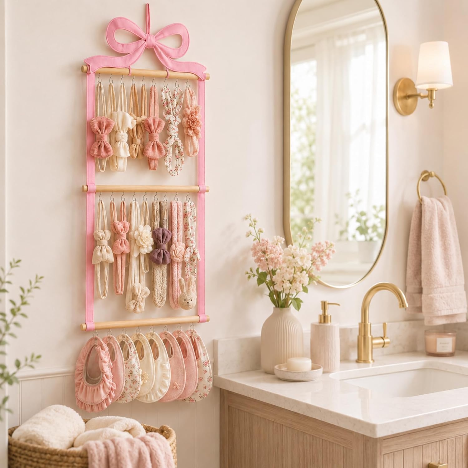 Sliner Pink Bow Girls Jewelry Hanger 30 Hooks Wall Mounted Organizer