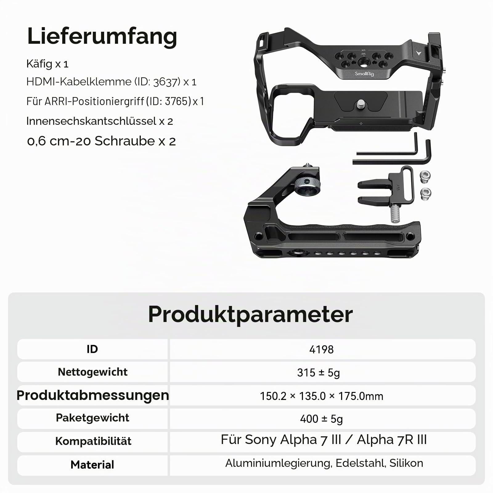 SMALLRIG A7 III / A7R III Kamerakäfig-Set für Sony Alpha 7 III/Alpha 7R III, vollständiger Käfig mit oberem Griff für ARRI und Kabelklemme, integrierter Kaltschuh und NATO-Schienen – 4198