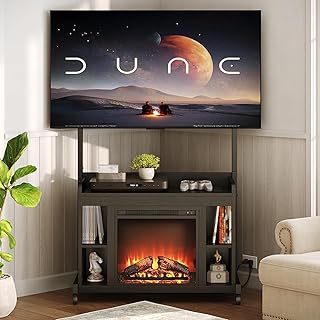Fireplace TV Stand with Mount for 45/55/60/65/75 inch TVs, Corner Entertainment Center with Power Outlet and 18" Electric Fireplace, Height Adjustable TV Console for Living Room Bedroom, Black