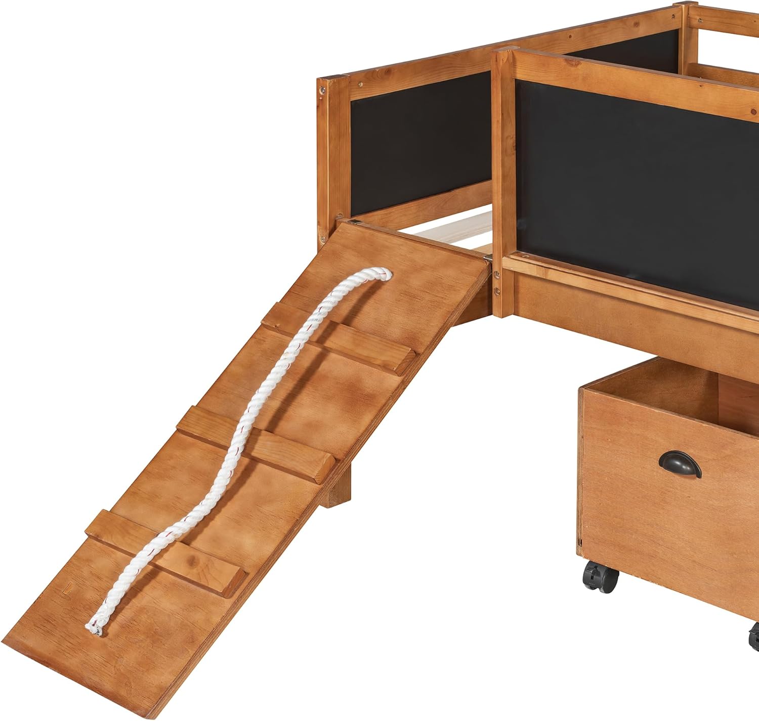 Merax Twin Size Loft Bed with 2 Storage Boxes, Natural Wooden Low Loft Bed Frame with Under Storage, Slide and Double-Sided Chalkboard