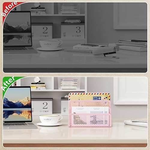 Miniatura 5 de Marbrasse Mail Organizer for Desk, 3-Slot Mesh Metal Mail Holder countertop, Letter Holder, Office Desktop Envelope and Document Storage Rack (Pink)