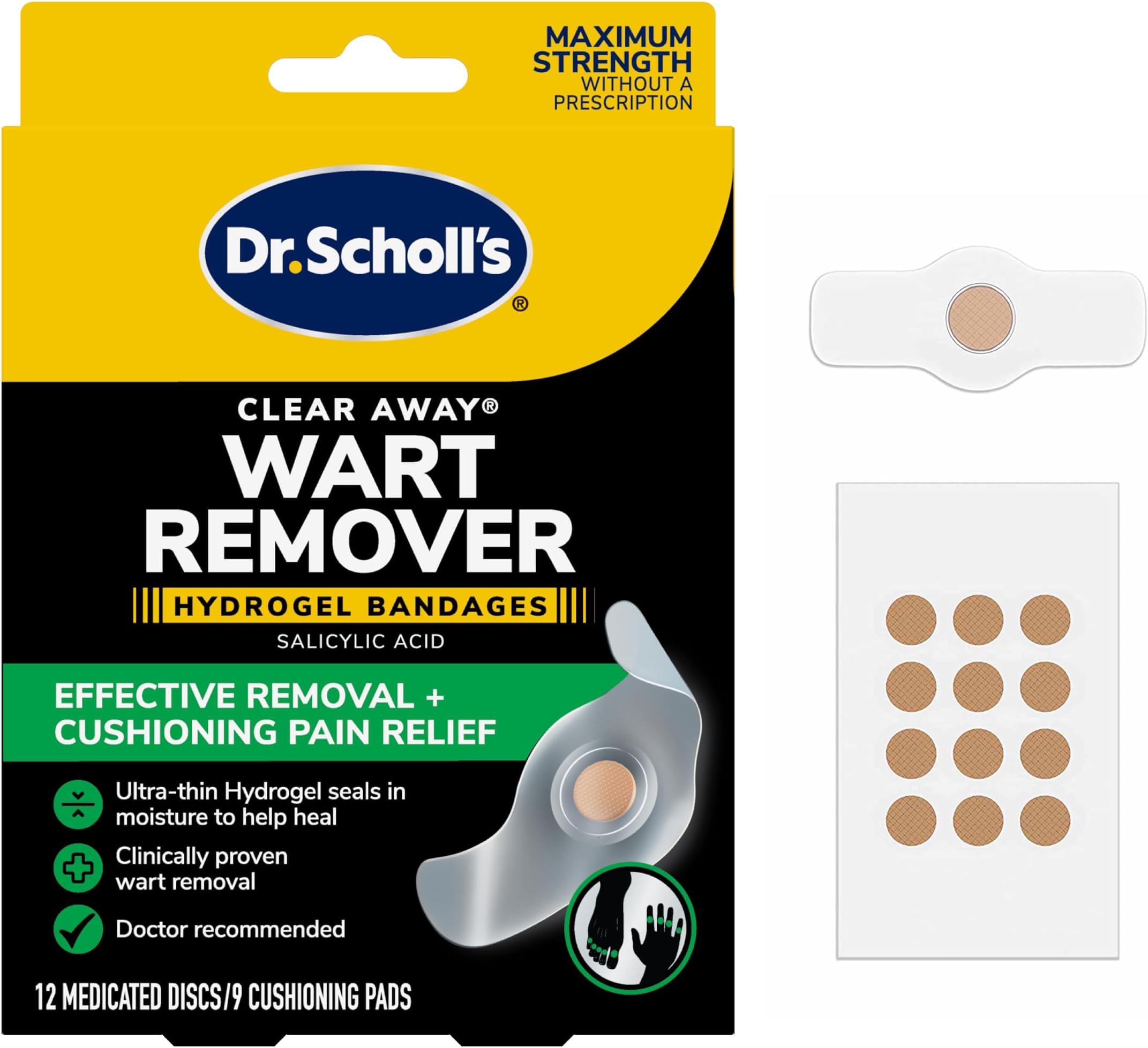 Dr Scholl's Clear Away WART Remover HYDROGEL Bandage // 12 Discs/9 Cushions, Clinically Proven, Immediate & All-Day Cushioning Pain Relief, Multi-Day Coverage, 12 Treatments