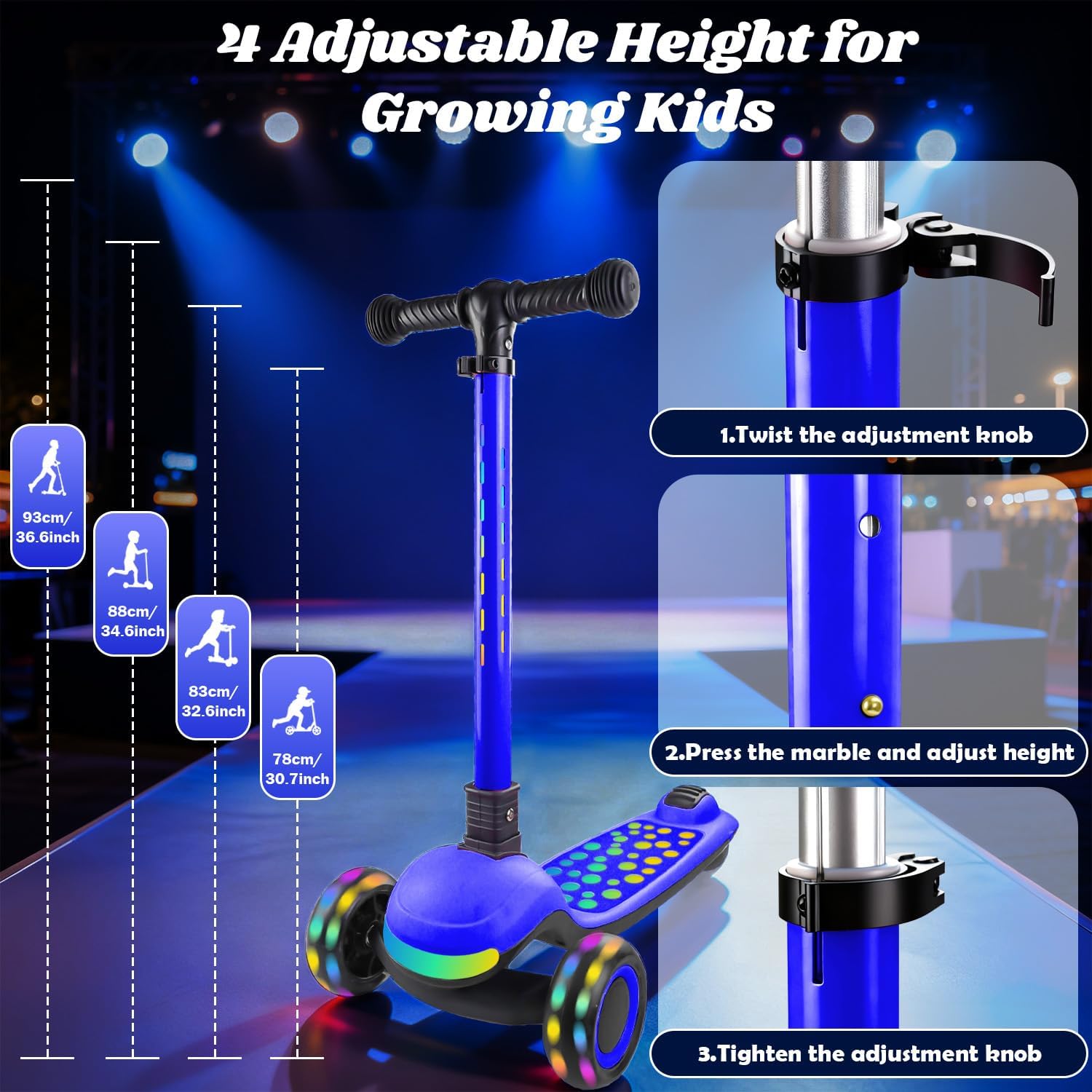 Light Up 3 Wheel Kick Scooter for Kids Toddlers with LED Sync Lights, Flashing Stem & Wide Polka Dot Deck Adjustable Height Music Function Safe Sturdy Folding Scooter for Kids