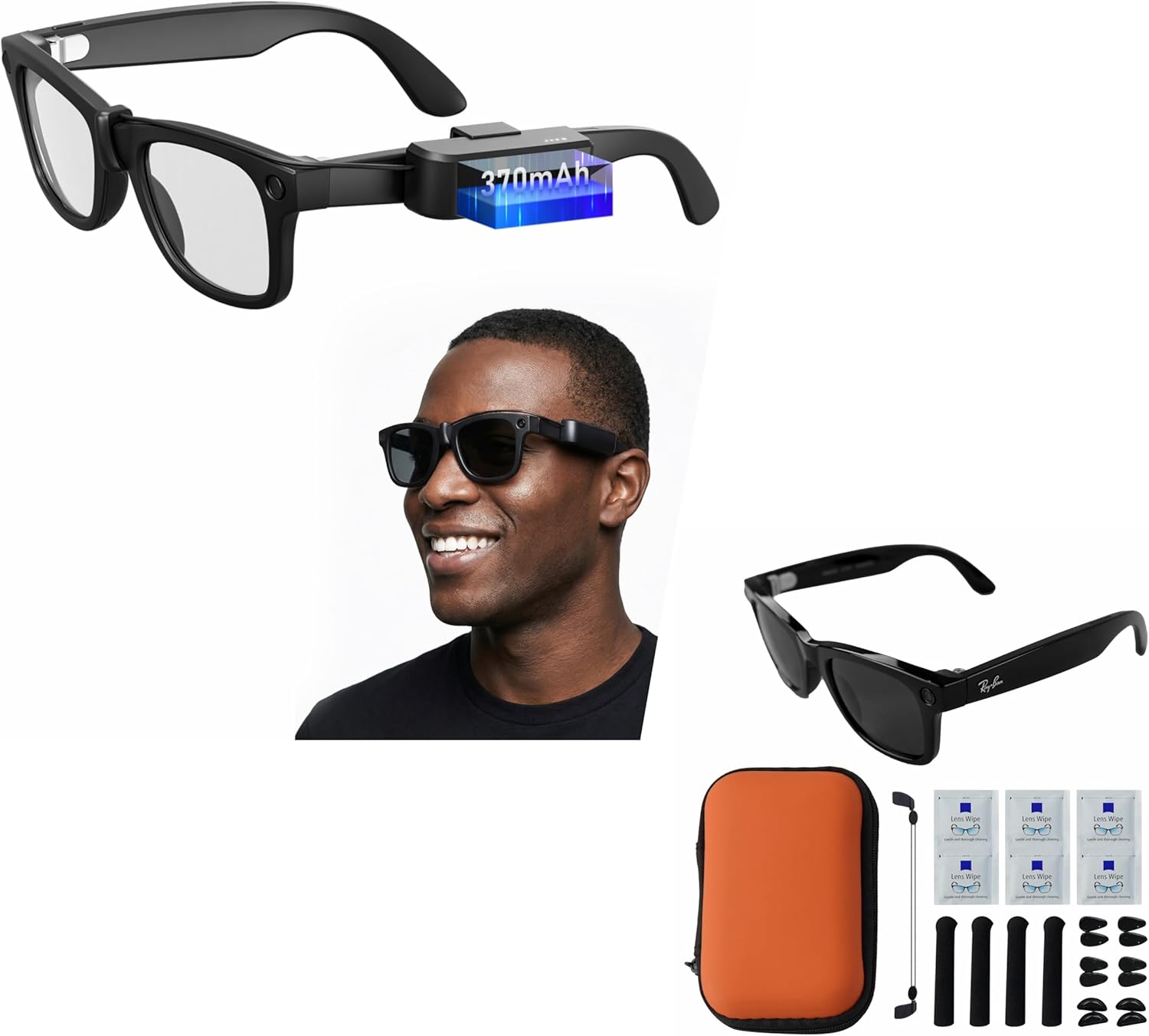 Wearable Battery Pack Charger + Smart Glasses Accessories Kit Compatible with Ray-Ban & Oakley Meta Smart Glasses Gen 1 & Gen 2, Ultra-Light Mini Power Bank with Storage Case, Nose Pads, Lanyard & Cle