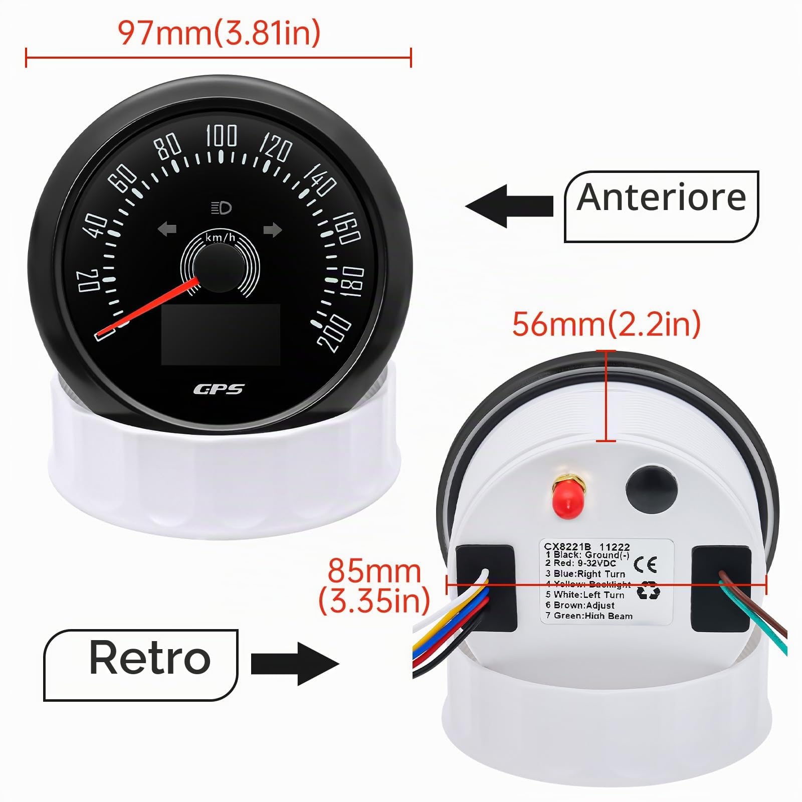 Tachimetro GPS da 85 mm, 0-200 km/h, impermeabile, per chilometri da viaggio COG, per auto, camion, moto, 7 colori retroilluminati