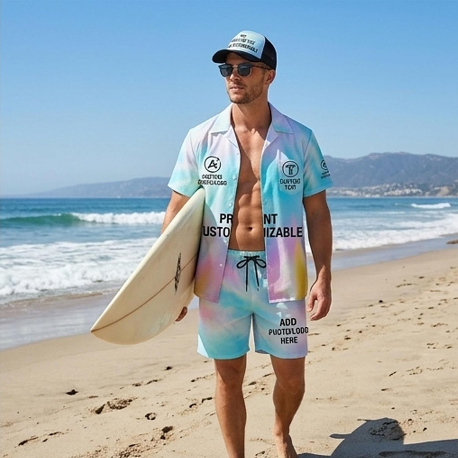 Mens Swim Trunks Beach Clothing with Pocket Beach Swim Board Shorts Button Down Shirt Outfit with Bucket Hat Swimwear