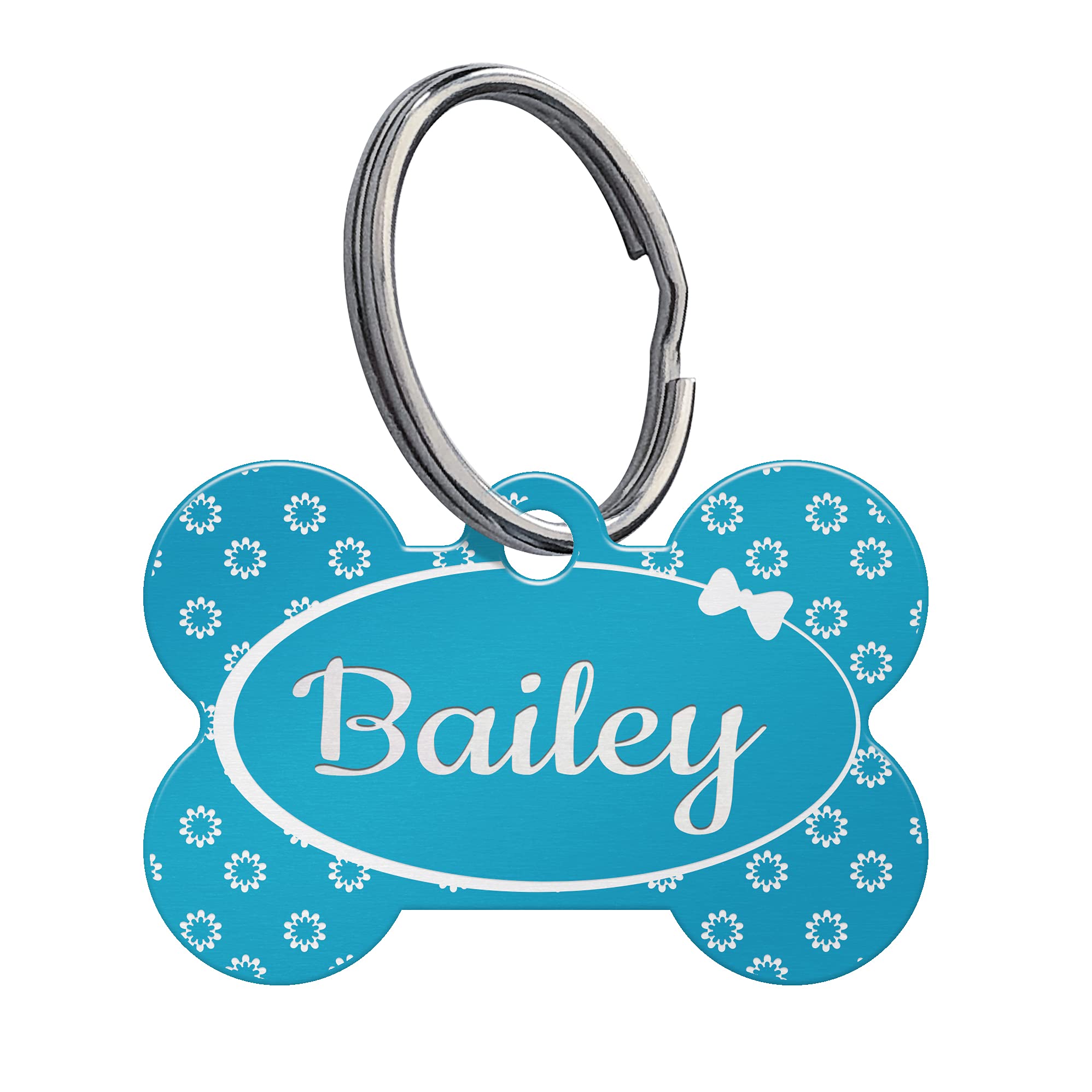Anodized Aluminum Pet Tags, Custom Engraved Bone-Shaped Dog Tags in Attractive Colors and Designs (Light Blue, Daisies)