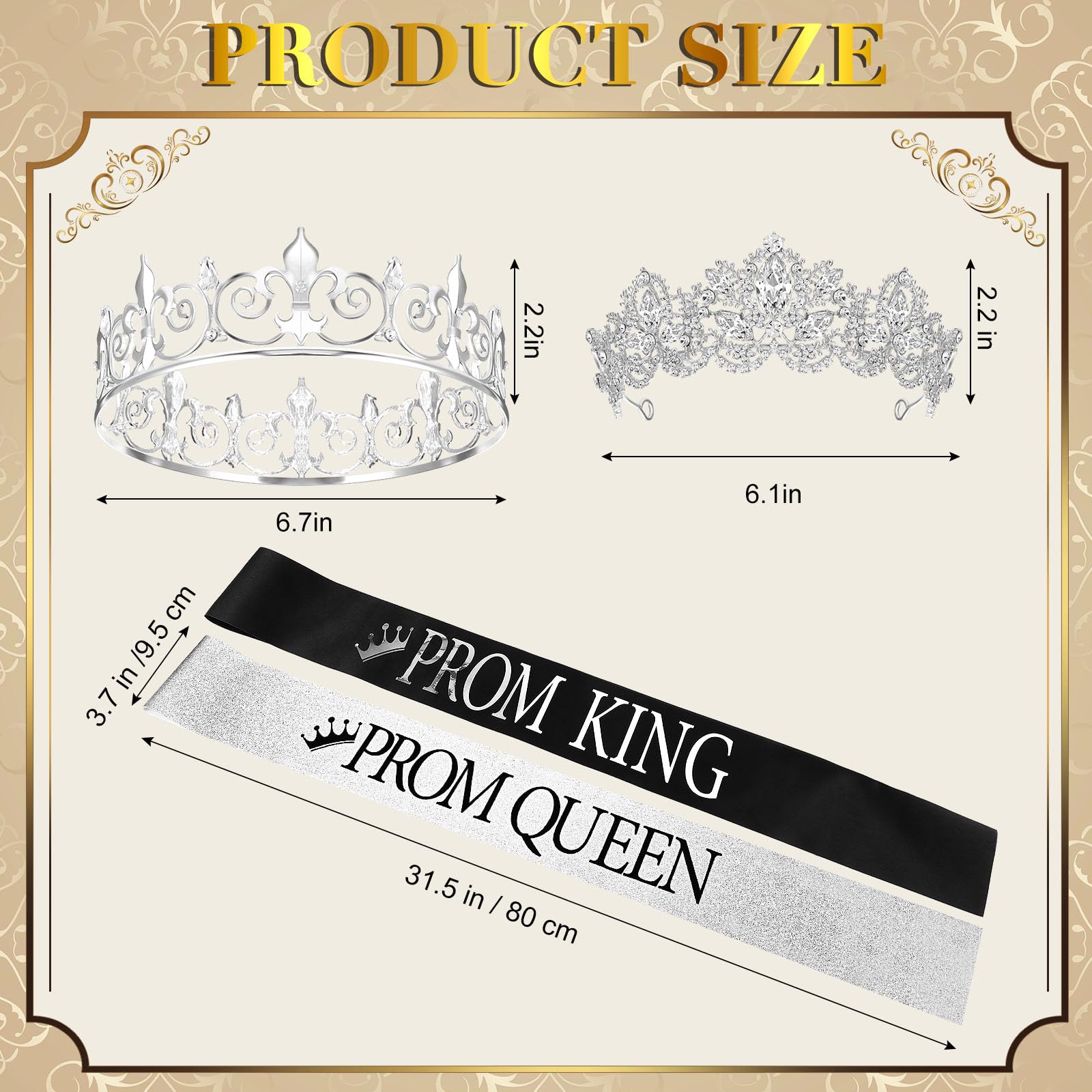 Retrowavy Prom King and Queen Sash Crowns Tiara Set for Birthday Party Adults Cosplay Decor(Silver Color)