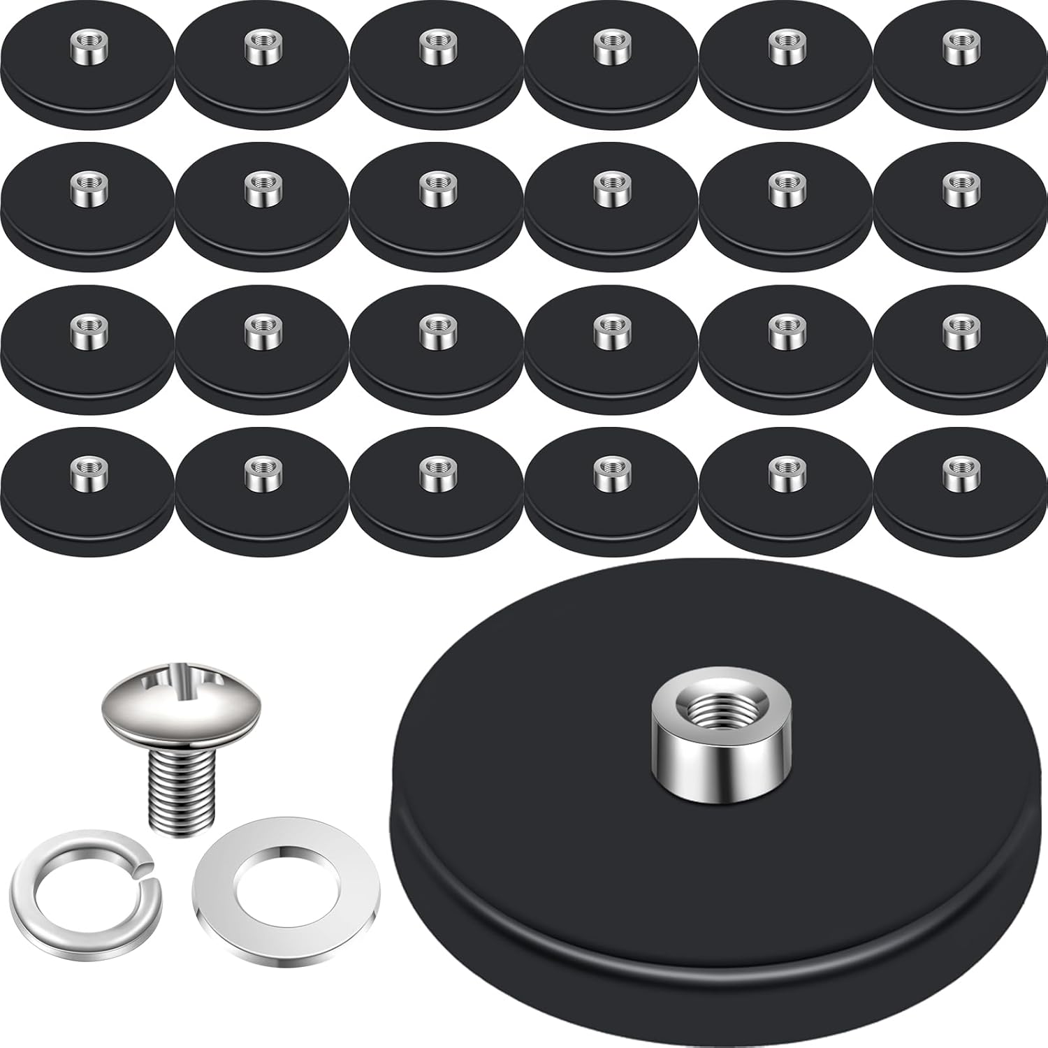 Flutesan 24 Pcs Rubber Coated Magnets 30 Lbs Anti Scratch Mounting Magnets Neodymium Magnetic Base with M4 Threaded Nuts Bolts 1.69 Inches for Light Bar Mirror Camera Outdoor Tools