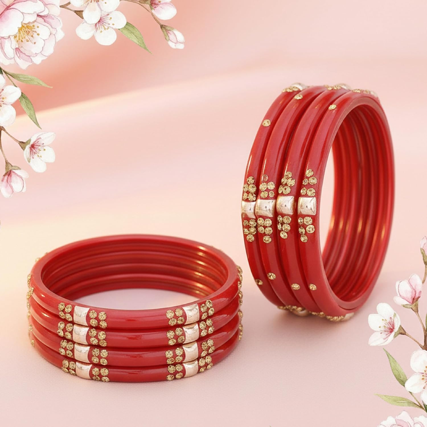 Glass with Zircon Gemstone & Beads Studded worked Glossy Finished Kada Set For Women and Girls | Set of 8