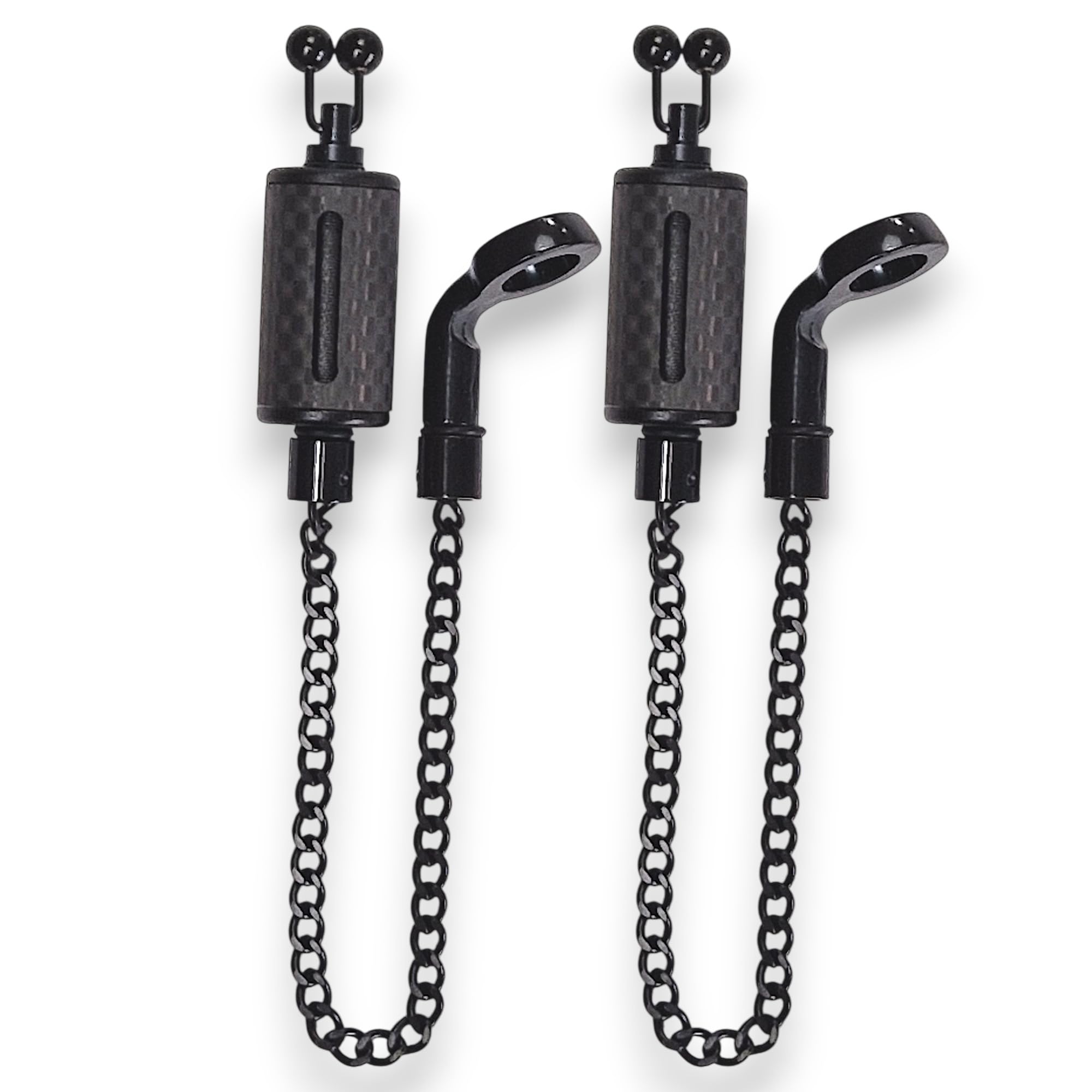 TJR Tackle 2 x Ultimate Carbon Bite Indicators bobbins with 14cm Chain, Black stainless steel ball line clips, Metal hockey sticks (Black)
