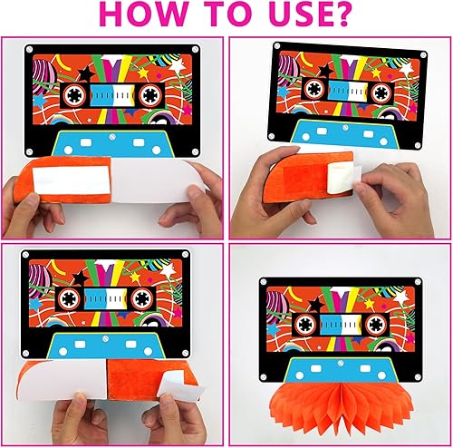 Miniatura 4 de Cinta de casete para decoración de fiesta, 6 pancartas de fiesta de los años 80 y 90, 6 piezas de cinta de casete de panal de abeja, pancartas