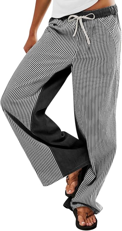 PEIHOT Women Low Rise Draw String Pants Casual Loose Fit Palazzo Jeans Trendy Black Grey and White