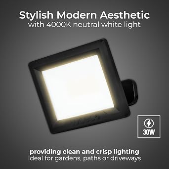 Luceco Outdoor Security LED Floodlight for Driveways, Walkways and Gardens, Fit and Tilt Multi-Positioning, Exterior Lighting, Luceco Essence, Black, IP65, 30W, 3150lm, 4000K, EFLD30B40 [Energy Class A]
