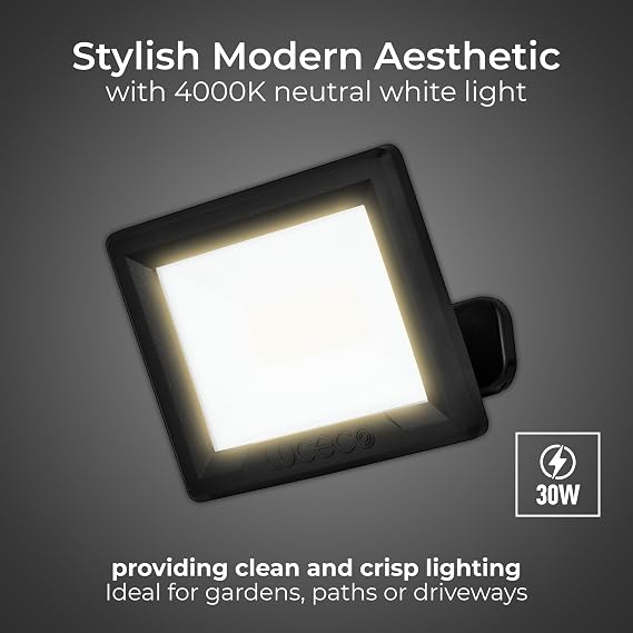 Luceco Outdoor Security LED Floodlight for Driveways, Walkways and Gardens, Fit and Tilt Multi-Positioning, Exterior Lighting, Luceco Essence, Black, IP65, 30W, 3150lm, 4000K, EFLD30B40 [Energy Class A]