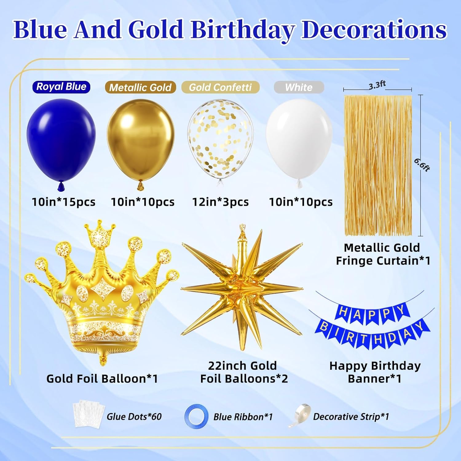 Royal Blue Gold Birthday Decorations for Men with Metallic Gold Royal Blue and White Balloons Banner Fringe Curtain for 16th 18th 21st 24th 32th 40th 50th 60th Men Birthday Decorations