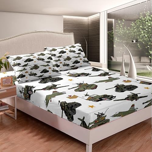 Miniatura 2 de Manfei War Theme - Sábana bajera ajustable tamaño individual, juego de ropa de cama de tanques de aviones de 2 piezas para decoración de habitación