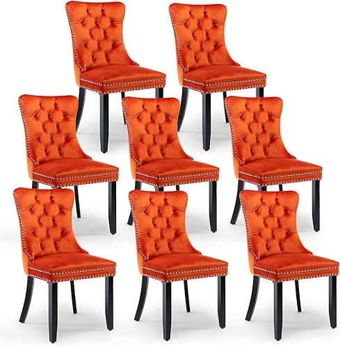 Miniatura 67 de Juego de 6 sillas de comedor de terciopelo, sillas de comedor tapizadas acolchadas con ribete de tachuelas y patas de madera maciza para cocina,