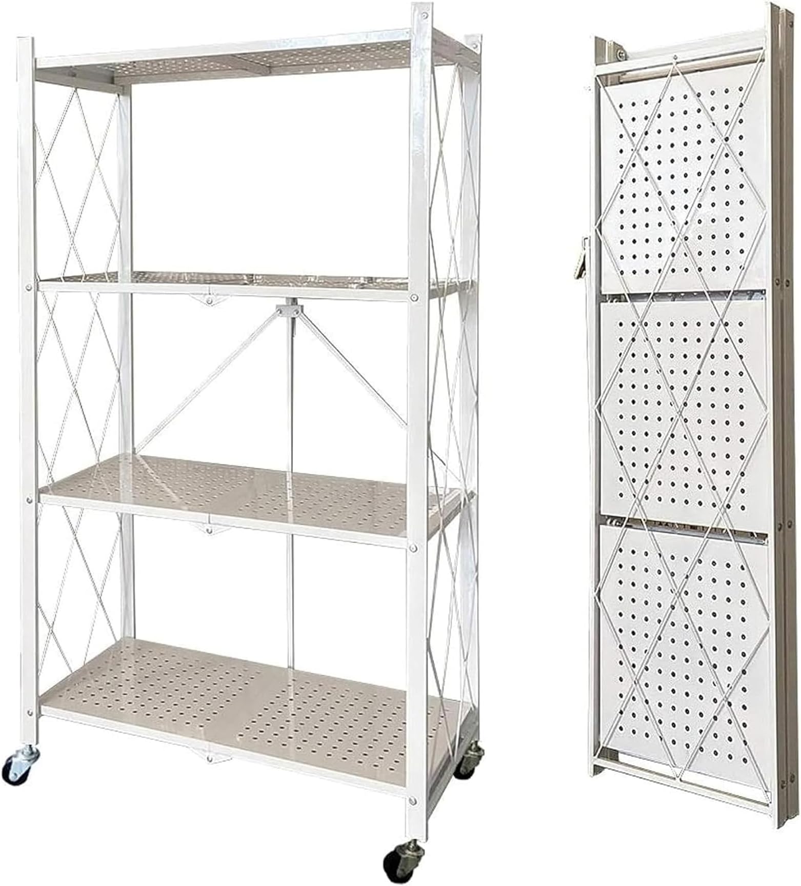 Sulfar 4 Tier Foldable Storage Shelves with Caster Wheels for Kitchen, Bedroom, Bathroom, Garage (White)