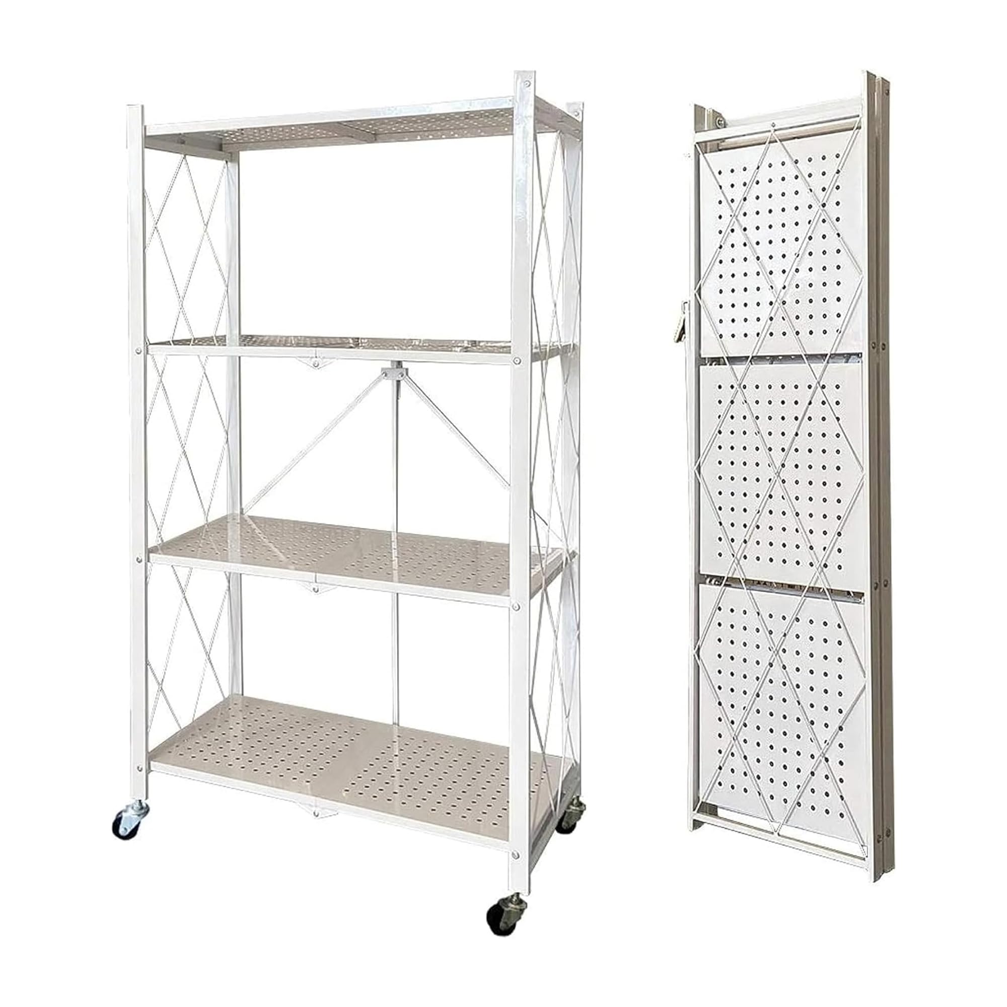 Sulfar 4 Tier Foldable Storage Shelves with Caster Wheels for Kitchen, Bedroom, Bathroom, Garage (White)