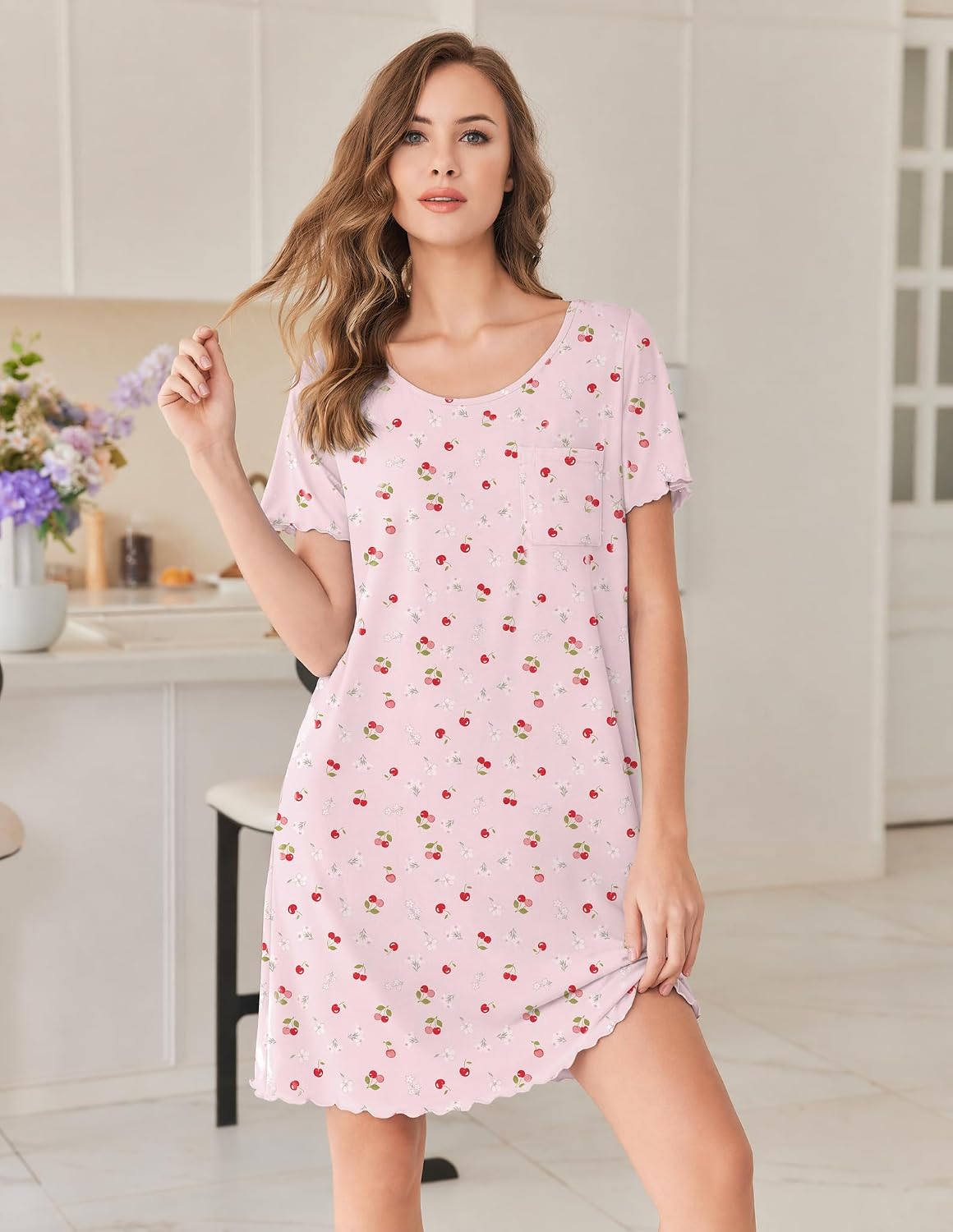 Ekouaer Bamboo Viscose Sleep Shirts for Women Short Sleeve Nightgowns image 3