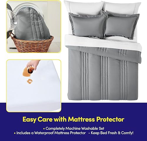 Miniatura 5 de Juego de edredón de tamaño matrimonial acolchado a rayas, elegante juego con edredón, protector de colchón, juego de sábanas y fundas de almohada,