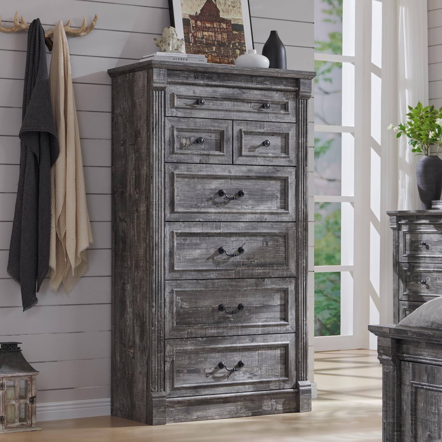 Aitjunz Farmhouse 57 inch Tall Light Grey 7 Drawer Dresser