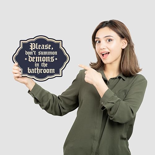 Miniatura 5 de Divertido letrero de pared gótico vintage para baño, con texto en inglés "Please Do Not Summon Demons In The Bath", letrero de madera para baño