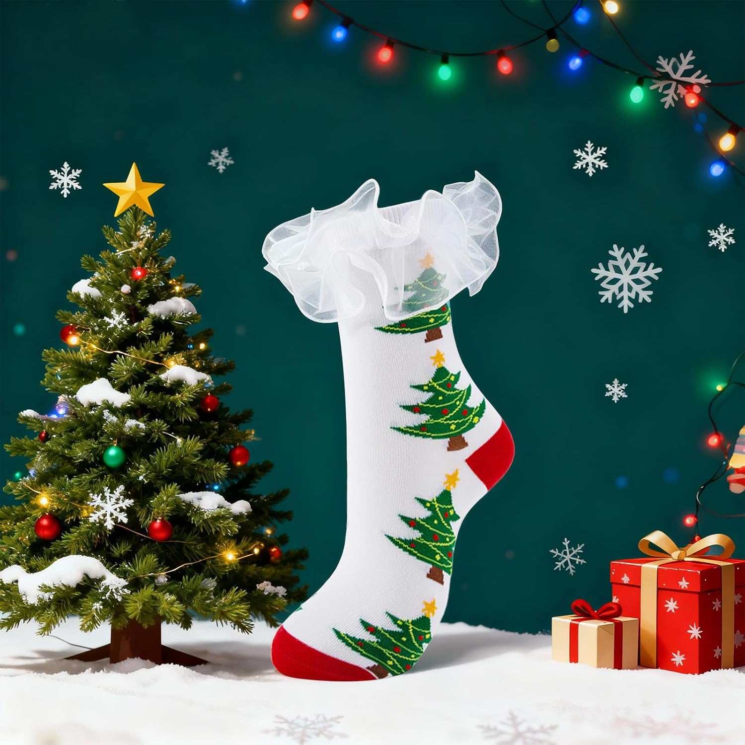 Christmas Socks with Lace Ruffle for Women 3 Pairs Cute Cotton Ruffled Striped Xmas Socks Frilly Novelty Crew Sock Funny Holiday Gifts Stuffers for Girls - Image 3