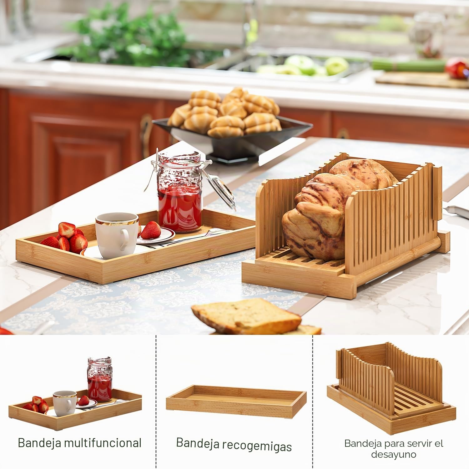 Cortador de pan, guía de pan casero de madera de bambú, grosor de 3 rebanadas, guía de corte compacta plegable con bandeja para migas
