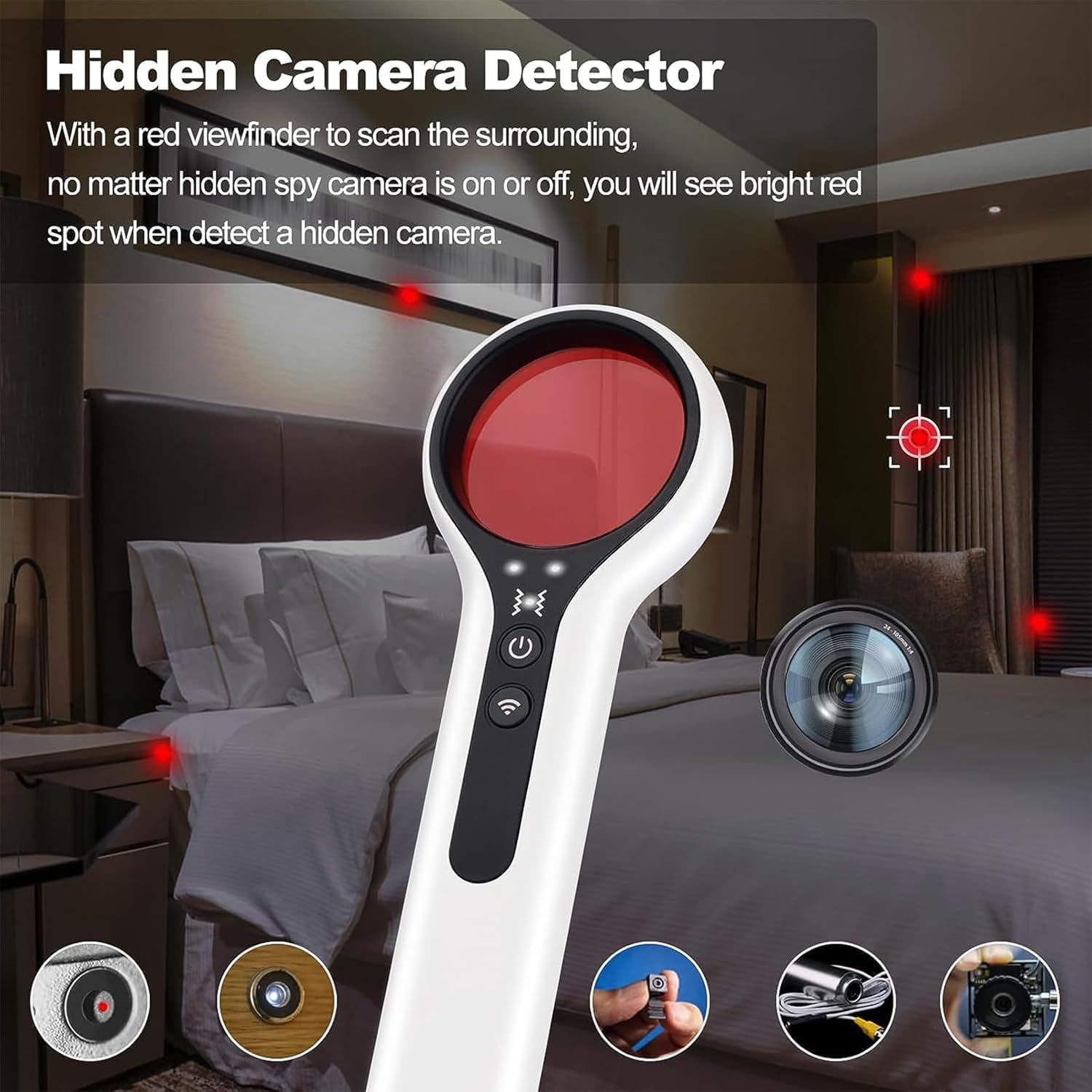 CHIGUANG Y3 Pro Hidden Camera Detector showing red viewfinder and how it detects hidden cameras