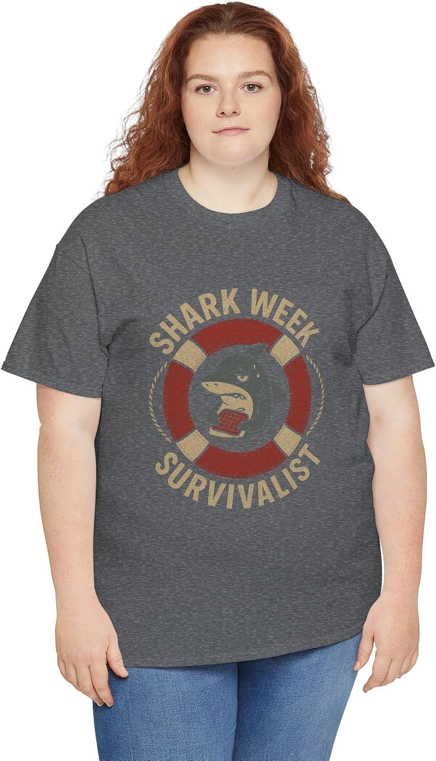 Funny Shark Survivalist Graphic – Retro Cartoon Shark with Life Preserver & Chocolate – Ocean Humor Apparel