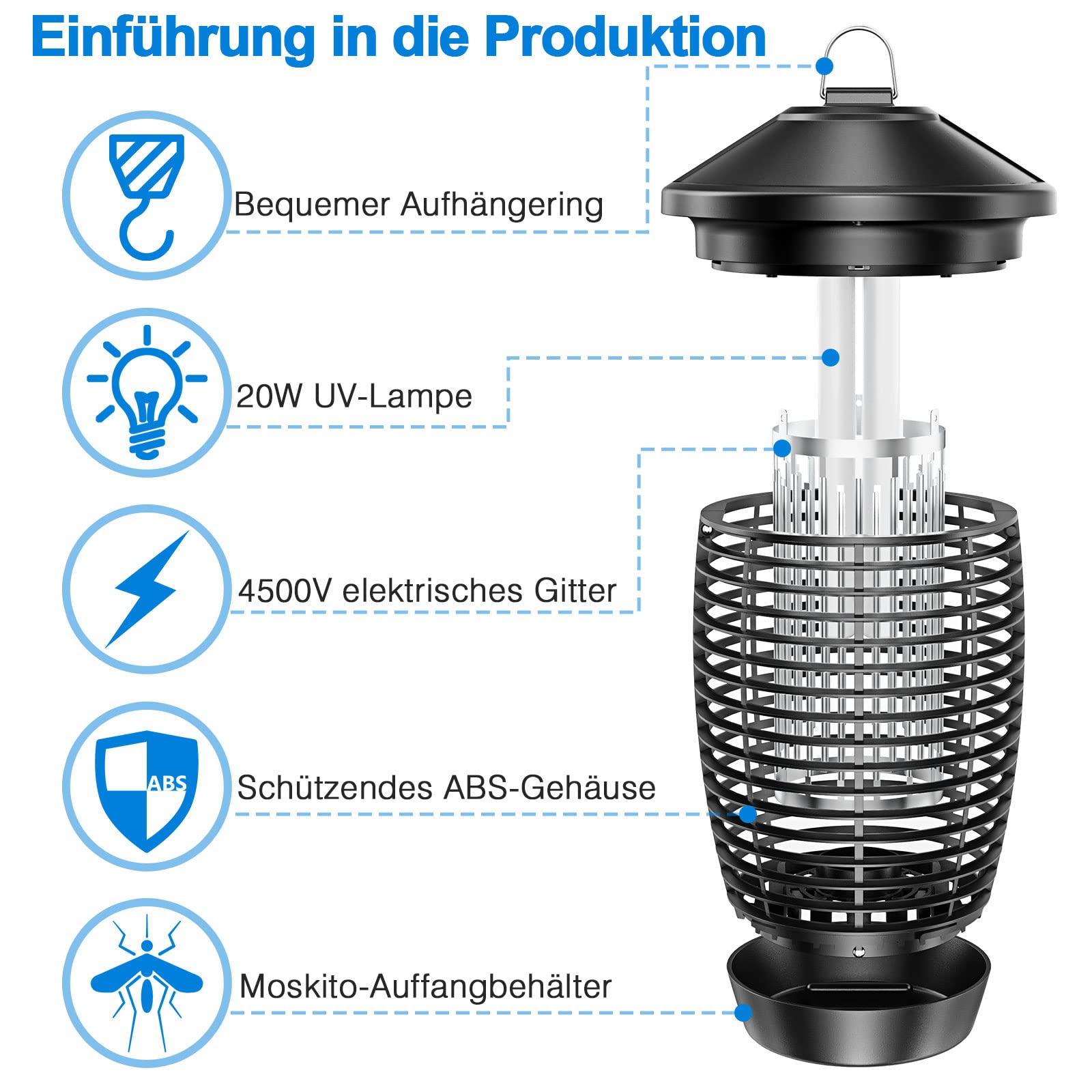 PALONE Insektenvernichter Elektrisch, Mückenfalle 20W 4500W UV Mückenlampe Mückenschutz, Fliegenfalle Elektrisch Fliegenfänger Insektenfalle Ungiftig Geruchsneutral für Innen und Traufe