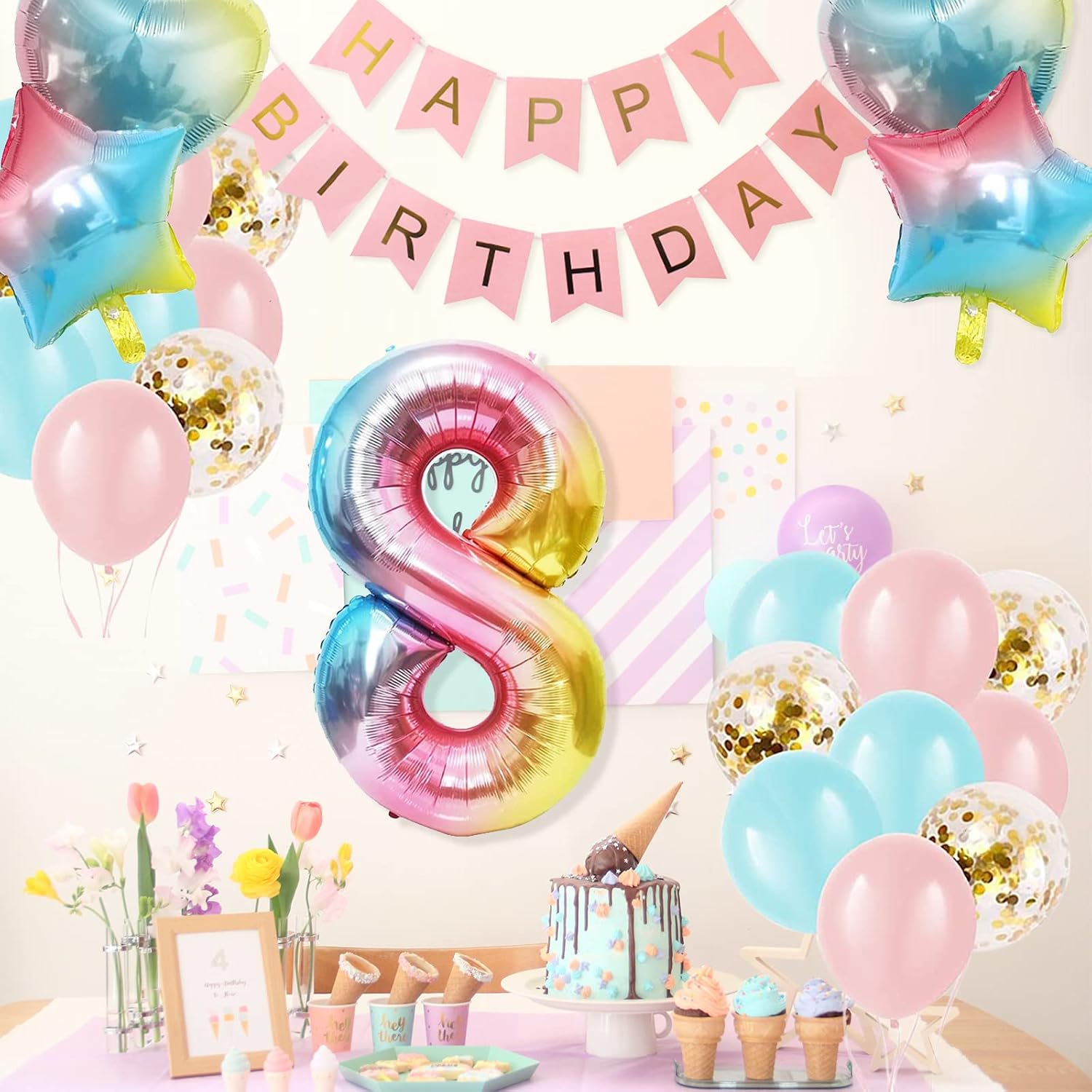 8th Birthday Decorations for Girls Gradient color Age 8 Balloons with Happy Birthday Banner for Baby showers Eighth Birthdays Party Supplies for Girls Boys image 5