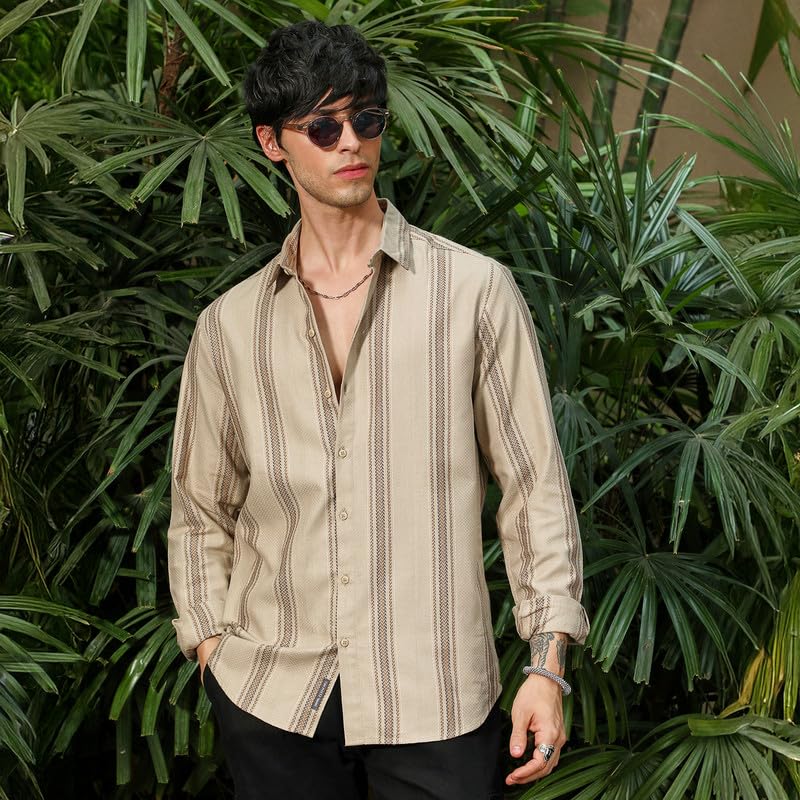 Image of CAHOOT Men's Bisque Shirt Casual Wear | Spread Collar | Long Sleeve | Button Closure | Shirt Crafted with Comfort Fit for Everyday Wear