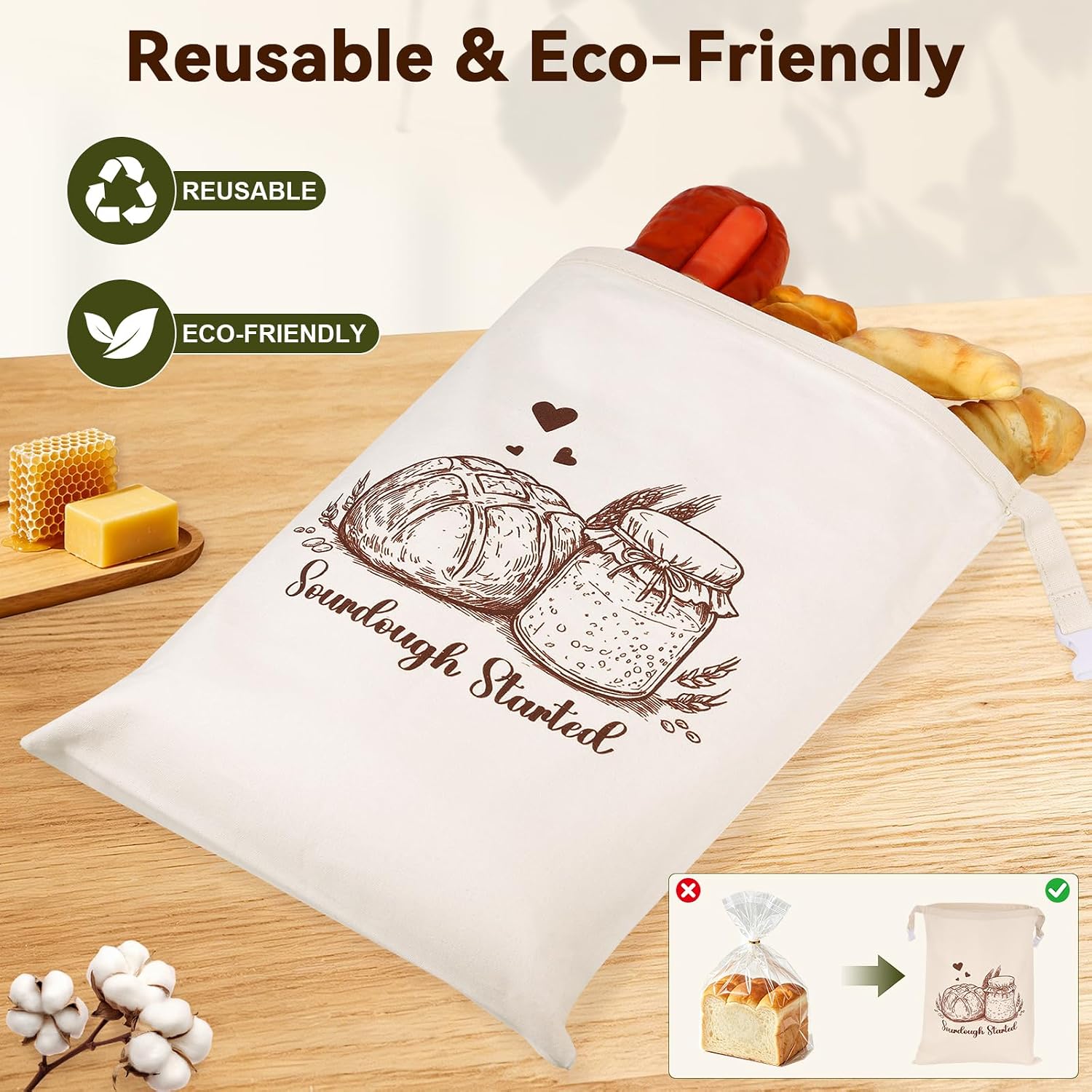 2 Pack Reusable Beeswax Bread Bags for Sourdough & Homemade Bread, 17" x 13" Organic Canvas Bread Storage Bags, Beeswax Lined & Plastic Free with Zipper Closure to Keep Bread Fresh Longer