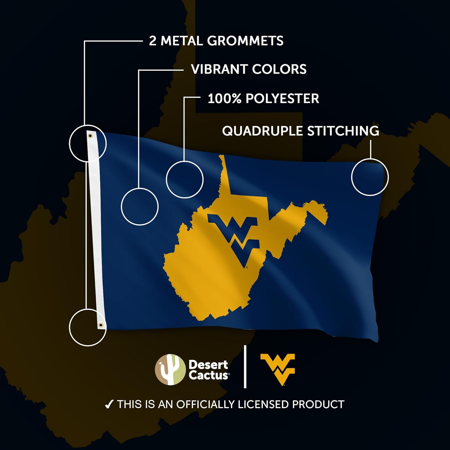 Desert Cactus West Virginia University Flag - 3 x 5 Feet WVU Mountaineers Banner, Indoor/Outdoor Durable Fabric Display (Style E1) - Image 4