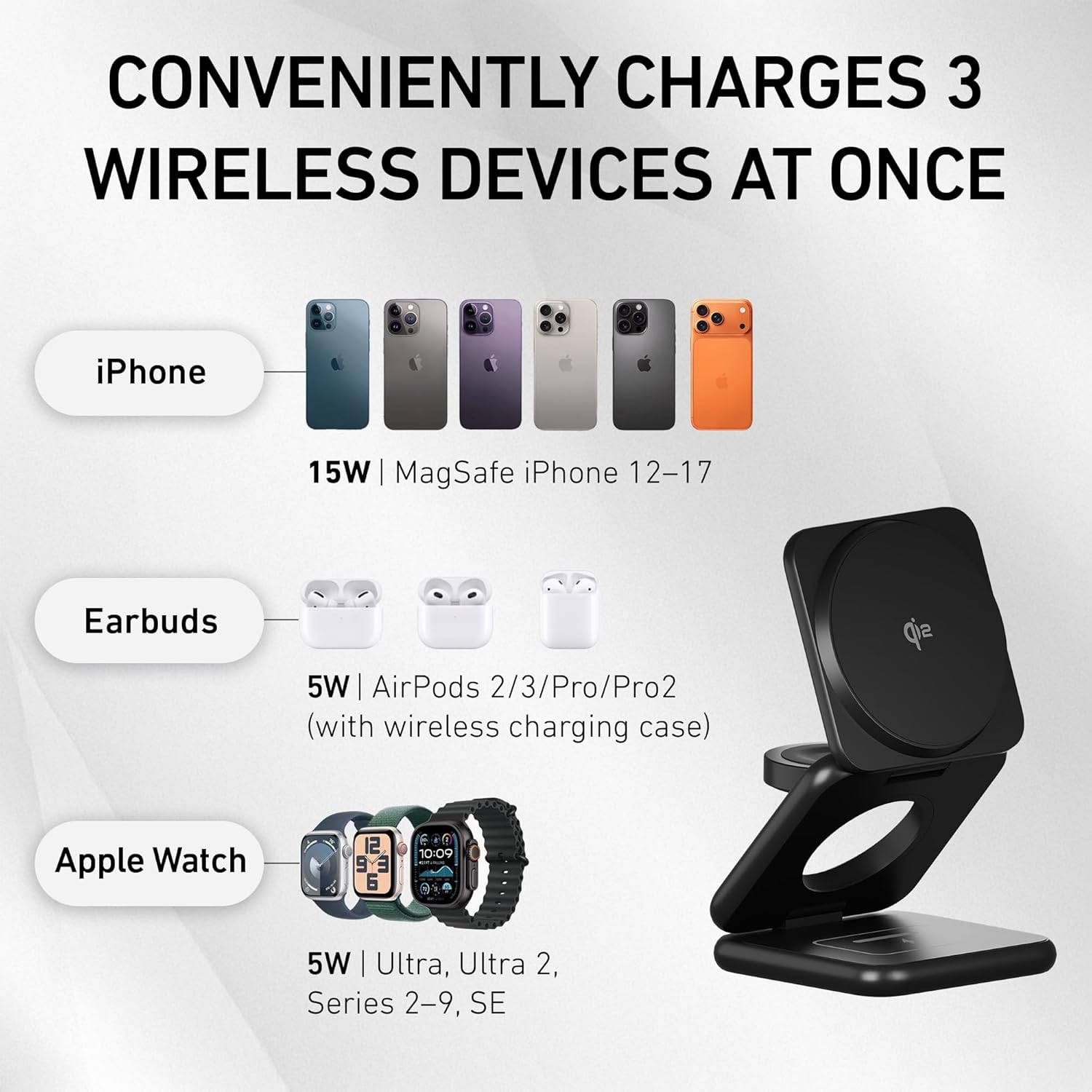 Peel 3-in-1 Wireless Charging Stand – Qi2 Certified Fast Charger, Compatible with MagSafe iPhone 17/16/15/14/13/12, Apple Watch & AirPods, Ultra-Slim Foldable Design, USB-C Cable – Black