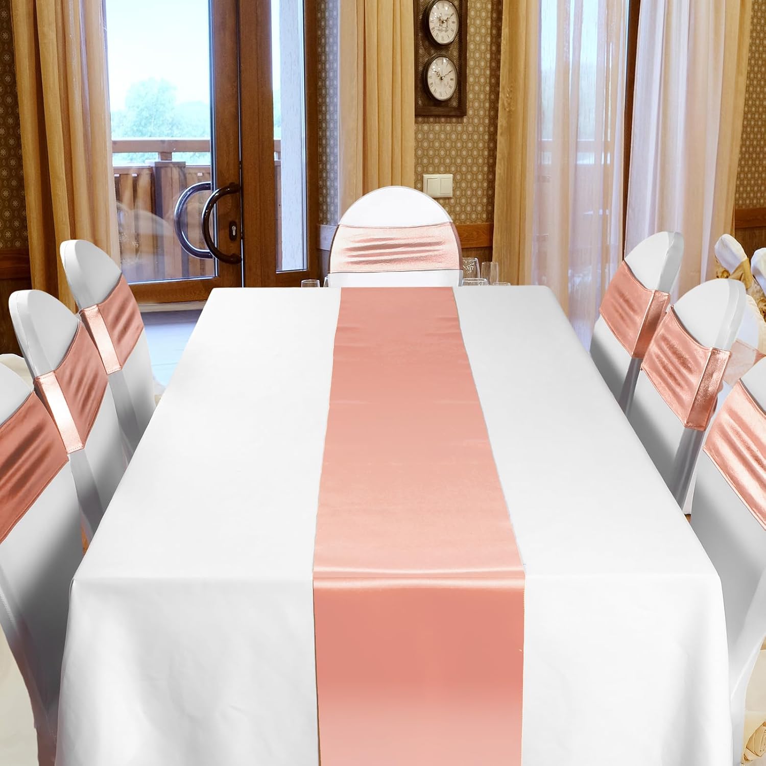 Newwiee 18 Pcs Tablecloth Chair Cover Set 8 Stretch Spandex Chair Cover Dining Chair Slipcovers 8 Chair Sash with Round Buckle 1 Tablecloth 54x108in and Table Runner for Wedding (White and Rose Gold)