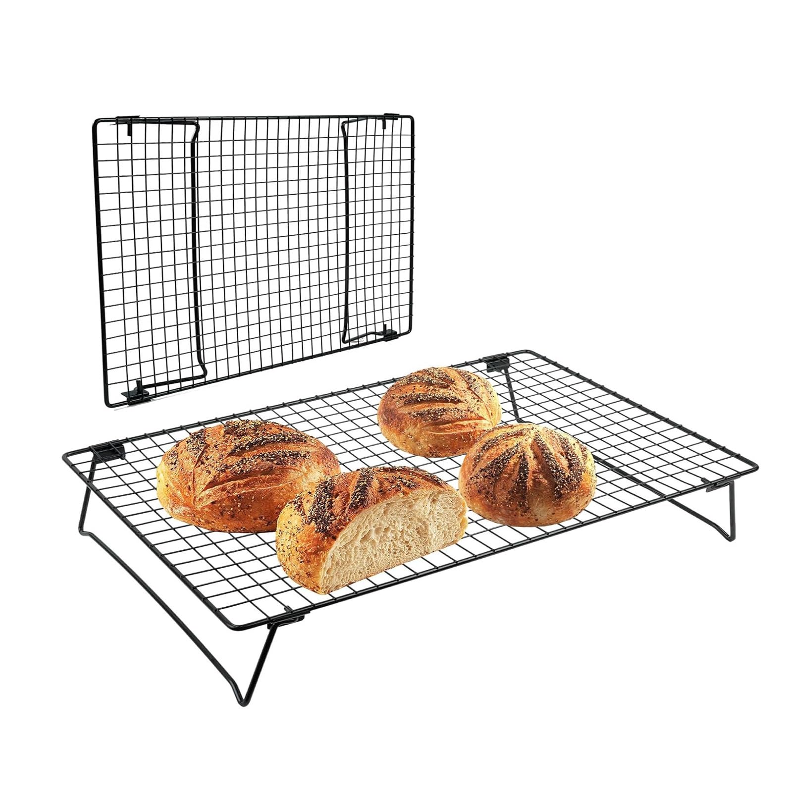 JOUFNING 2-Tier Stackable Cooling Rack with Legs, 17×11×3 Inch Nonstick Collapsible Wire Rack, for Baking Cookies, Cakes, Bread, Pizza, Gifts for Baking Must Haves