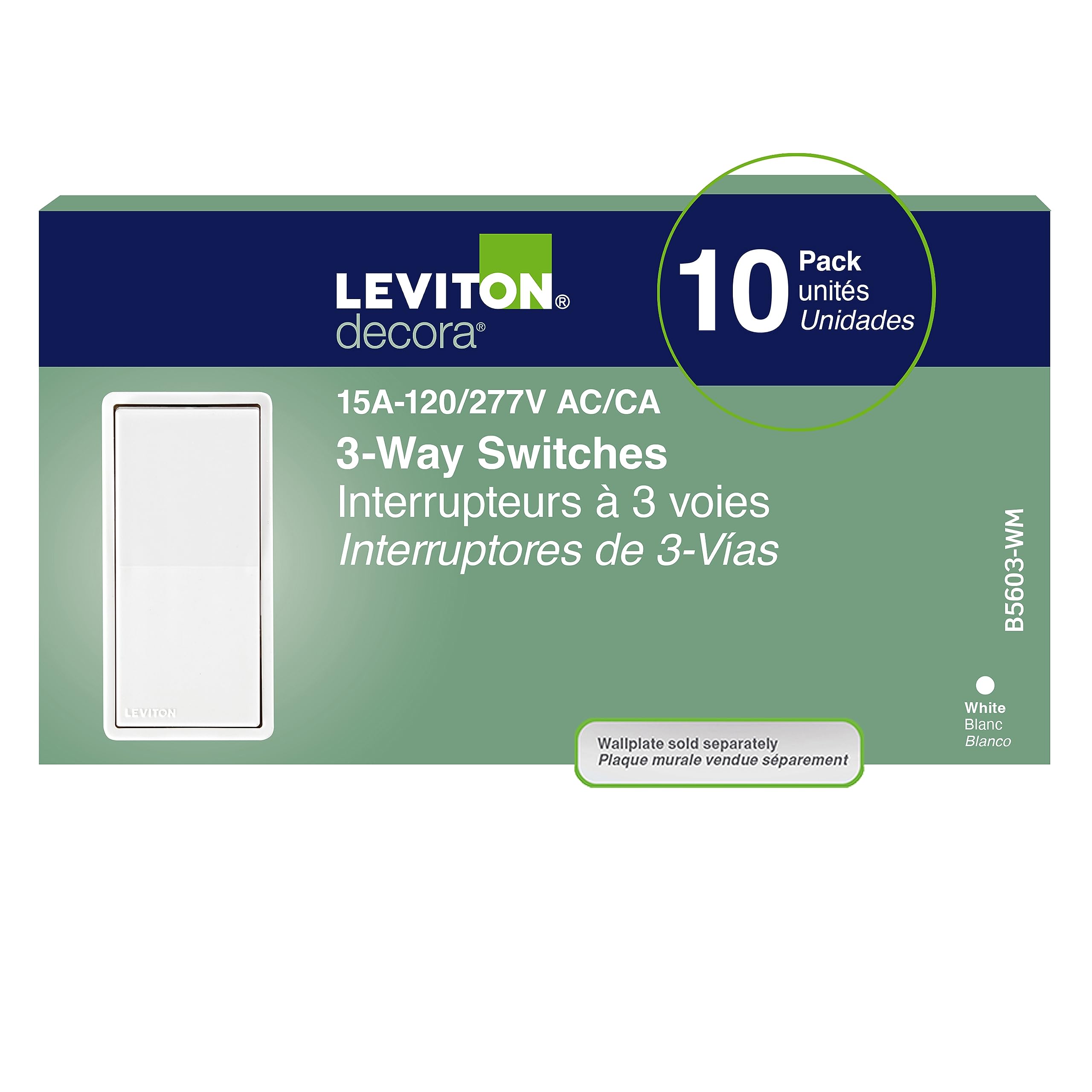 Close-up of the Leviton Decora 3-way switch faceplate, highlighting its clean white finish and modern Decora style.