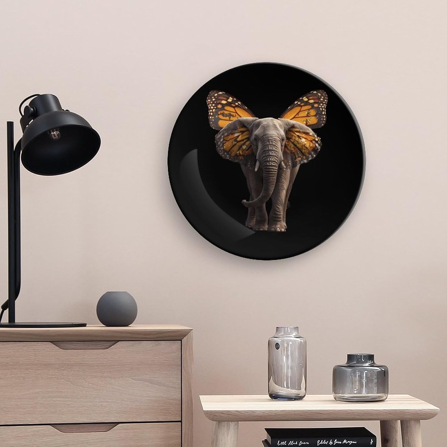 Elephant with Monarch Butterfly Wings Printed Decorative Plate with Display Stand Handmade Ceramic Ornament Hanging Wall Decor for Foyer Home Office