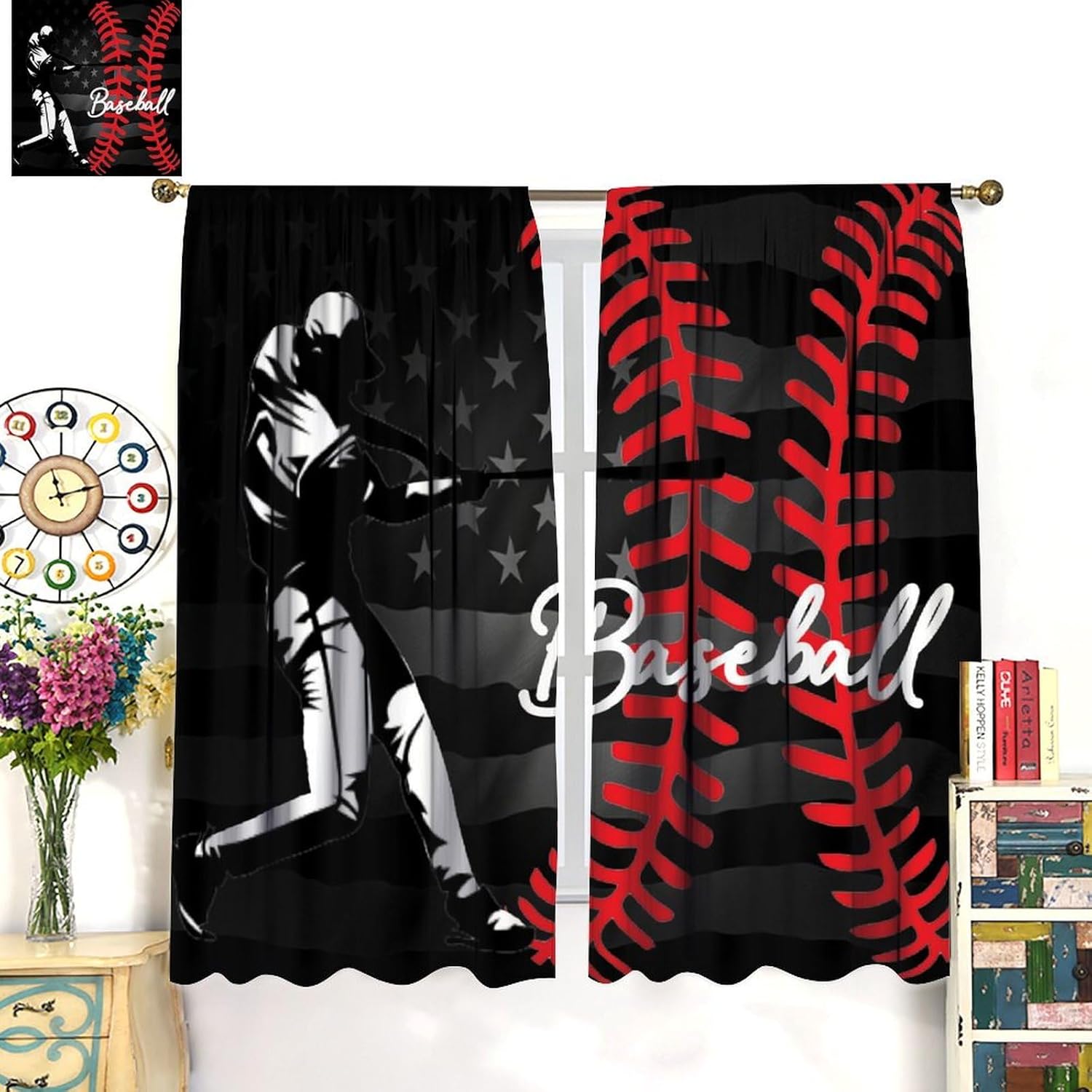 Baseball Curtains Boys Sports Game Window Curtains for Kids Boys Girls Bedroom Game Room Vintage American Flag Decor Blackout Window Drapes 63" W X 63" L