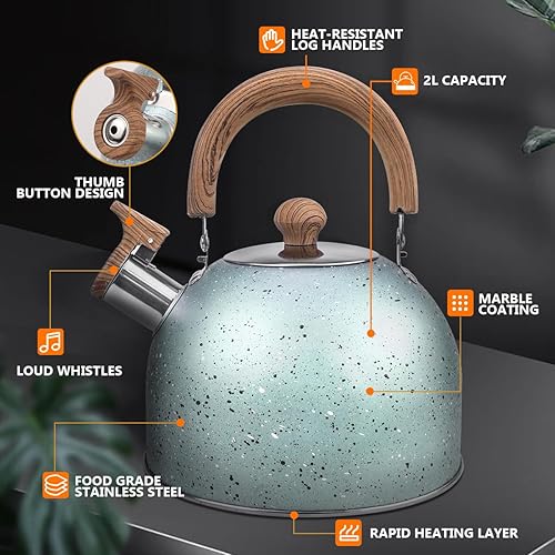 Miniatura 4 de Tetera silbante de acero inoxidable de 2 litros con mango de madera para hervir agua, café, té, leche, etc. (verde)