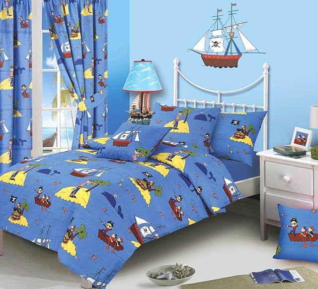 Double Bed Duvet Cover Set, Treasure Island, Pirates Whale Sea Ocean Fishes Ship Skull & Bones Parrot, Blue Yellow Black White Red