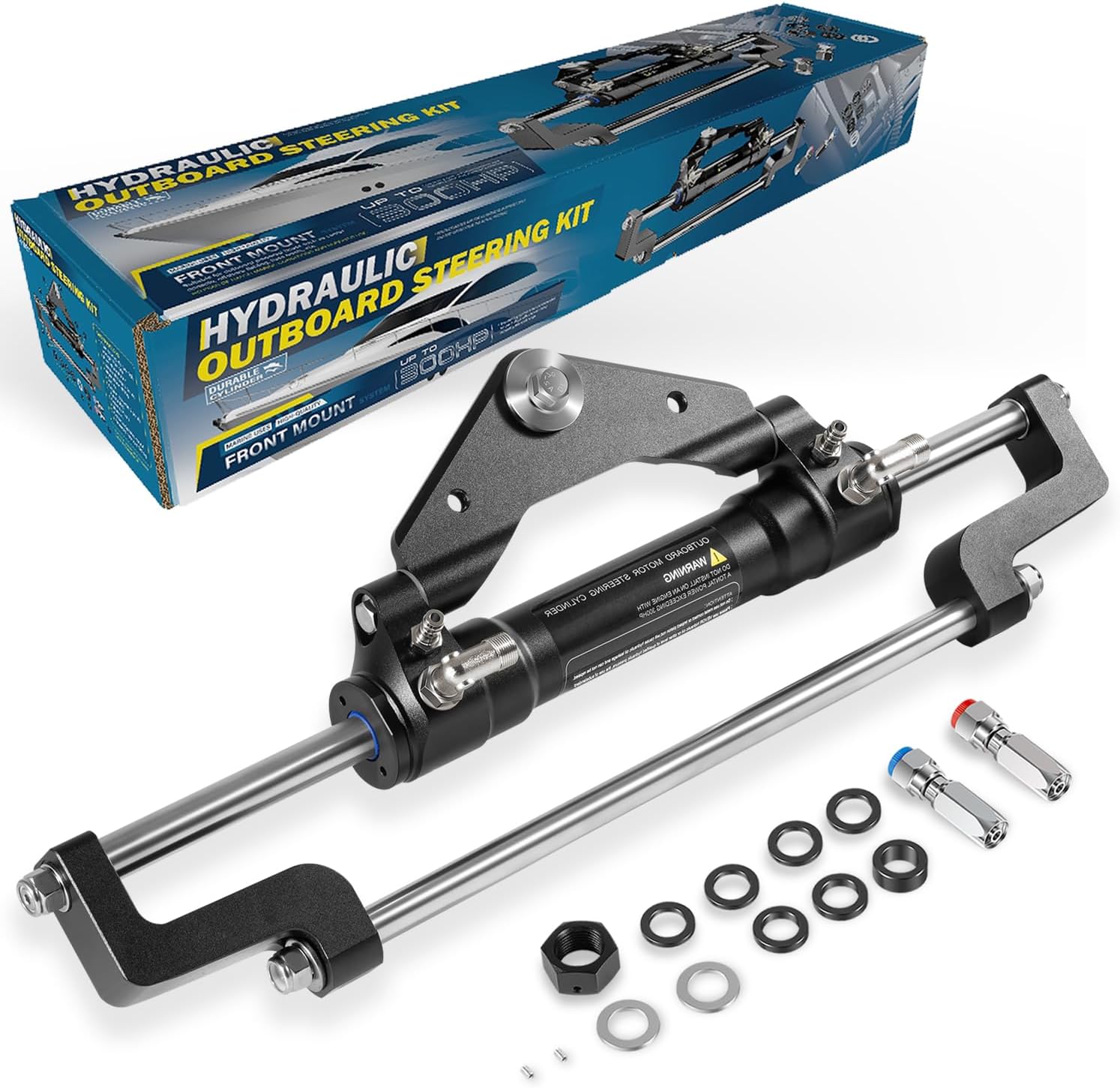 300HP HC5345-3 Hydraulic Steering Cylinder - 10.3MPa/1500PSI Pressure for Outboard Boats up to 300HP, Front-Mount Aluminum Alloy Cylinder with Two-Way Lock Valve & ORB Fittings-for Single/Twin Engines