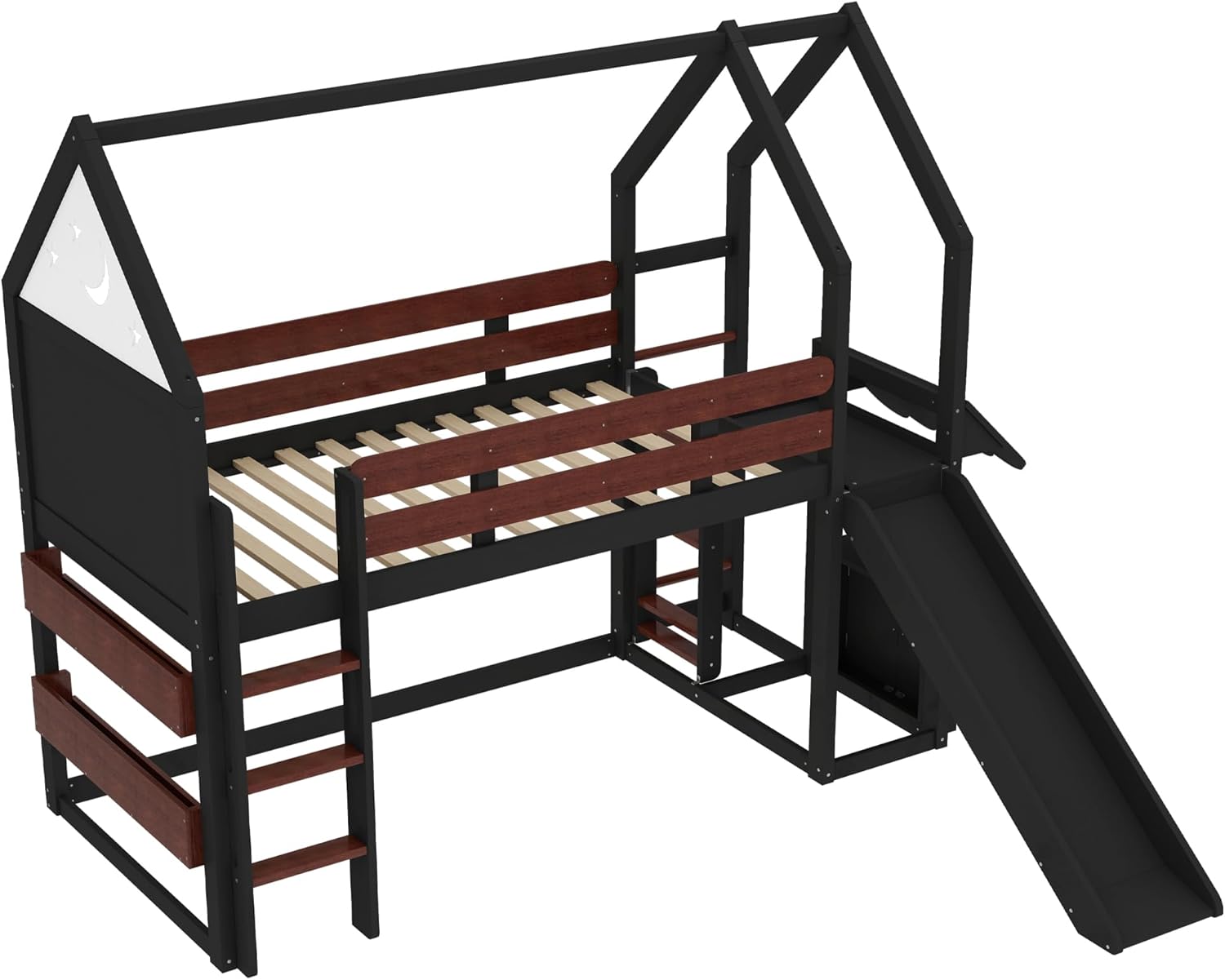 Loft bed frame with slats installed